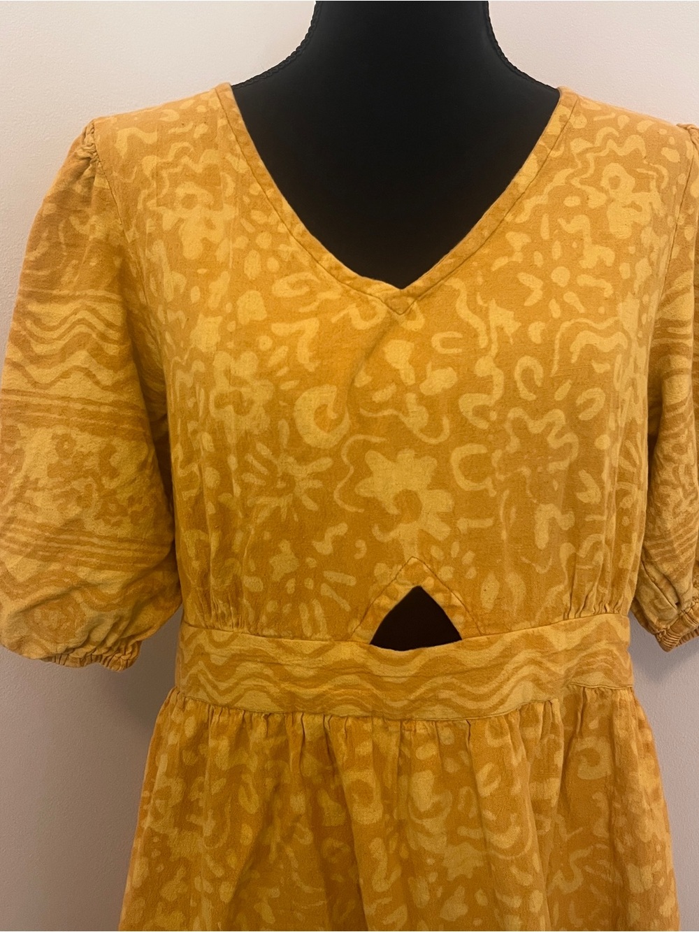 FabNu Mustard Yellow Cutout Midi Dress Puff Sleeve Boho Cottagecore Large Artsy - Picture 8 of 9